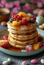 An Easter morning breakfast with a pancake stack, with colorful fruits and a drizzle of syrup, surrounded by small colorful eggs