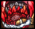 Easter morning, detail of stained glass window in St. James church in Hohenberg, Germany