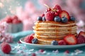 Easter morning with a pancake breakfast celebration. Stacks of pancakes, colorful berries toppings, and a drizzle of honey