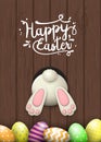 Easter motive, bunny bottom and easter eggs on brown wooden background, illustration Royalty Free Stock Photo