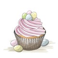 Easter motive, cupcake with pink cream and small colorful eggs, illustration