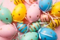 Easter multicolored eggs on a pink background close. Easter background concept.