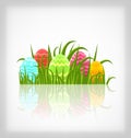 Easter natural background with traditional colorful eggs in grass meadow