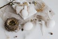 Easter natural eggs, feathers, willow branches, nest on rustic white table. Stylish rural Easter still life in pastel white and