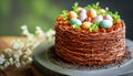 Easter Nest Cake with Speckled Eggs and Greenery. Easter dessert