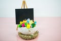 Easter nest with chalkboard and catkins Royalty Free Stock Photo
