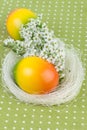 Easter Nest Decoration on Green Polka Dot Tablecloth