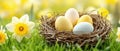 Easter Nest with Eggs and Daffodils for Festive Decor, Celebrations, and Spring Holiday Royalty Free Stock Photo