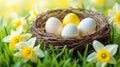 Easter Nest with Eggs and Daffodils for Festive Decor, Celebrations, and Spring Holiday Royalty Free Stock Photo