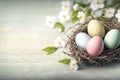 Easter nest with eggs and spring apple blossoms decoration. Generative AI Royalty Free Stock Photo