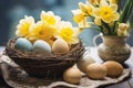 Easter nest with eggs, yellow tulips in vaser spring wooden table setting decoration Royalty Free Stock Photo