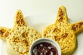 Easter nice bunny shaped crumpets served with raspberry jam, funny food for kids Royalty Free Stock Photo