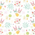 Easter nursery seamless pattern with bunnies, birds, eggs, flowers, hearts, brush strokes. cartoon scandinavian easter repeating. Royalty Free Stock Photo