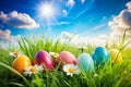 Easter Painted Colorful Eggs Spring Grass Blue Sky Royalty Free Stock Photo