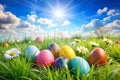 Easter Painted Colorful Eggs Spring Grass Blue Sky Royalty Free Stock Photo