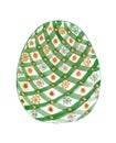 Bright green checkered egg decorated with orange circles and flowers