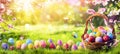 Easter Painted Eggs In Basket On Grass Royalty Free Stock Photo