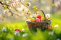 Easter Painted Eggs In Basket On Grass In Sunny Orchard