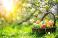 Easter Painted Eggs In Basket On Grass In Sunny Orchard