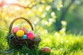 Easter Painted Eggs In Basket On Grass In Sunny Orchard