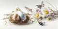 Easter. painted eggs, butterfly, nest, Easter bunny and flowers on a white background