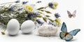 Easter. painted eggs, butterfly, nest, Easter bunny and flowers on a white background