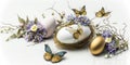 Easter. painted eggs, butterfly, nest, Easter bunny and flowers on a white background