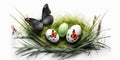 Easter. painted eggs, butterfly, nest, Easter bunny and flowers on a white background