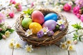 Easter Painted Easter Eggs and Spring Flowers in the Nest Royalty Free Stock Photo