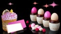 Easter painted eggs on stands, glazed cake, text frame and sweets in pink tones, on a black background with abstract