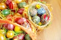 Easter painted eggs in traditional basket Royalty Free Stock Photo