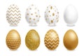 Easter painted golden eggs Vector realistic collection. Abstract ornamented cute design. 3d detailed sets