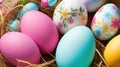 painted multicolored eggs in a basket, birds nest, wicker basket, top view