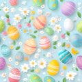 Easter painted pastel Easter eggs and flowers on pastel background
