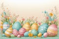 Easter painting with pastel colored easter eggs surrounded by grass and spring flowers, easter card, easter design with space for