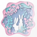 Easter paper art spring forest with grass, branches, rabbit