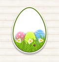 Easter paper sticker eggs with green grass and flowers Royalty Free Stock Photo