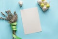 Easter party planner. Blank for menu, recipe or invitation. Pussy-willow bunch on blue. Space for text