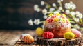 easter paska and eggs of the krashanka on a wooden table Royalty Free Stock Photo