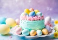 Easter pastel colored eggs and cake