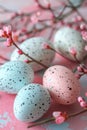 Easter pastel colored eggs and flowers. ai generated
