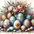 Easter pastel coloured background with Easter eggs and spring flowers. Royalty Free Stock Photo