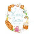 Easter pastry elements around egg form.Vector flat illustration Royalty Free Stock Photo