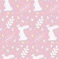 Easter pattern with cute white rabbit with butterfly on nose and colorful egs