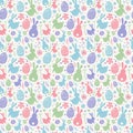 Easter pattern with decorative eggs, bunnies and flowers. Wallpaper or wrapping paper concept. Vector