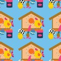Easter pattern with eggs, chicken, bird house, brush and paint Royalty Free Stock Photo