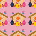 Easter pattern with eggs, chicken, bird house, butterflies. Color vector illustration