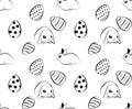 Easter pattern with eggs and rabbits. Black and white vector illustration