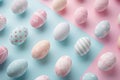 Easter pattern with pastel colored Easter eggs with geometric paint, on pastel colored background.