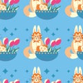 Easter pattern with a plate with eggs and a cat with rabbit ears, and flowers tulips